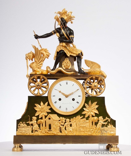 A French Empire bronze and ormolu 'Chasseur Améridienn' mantel clock, personifying America, circa 1800.